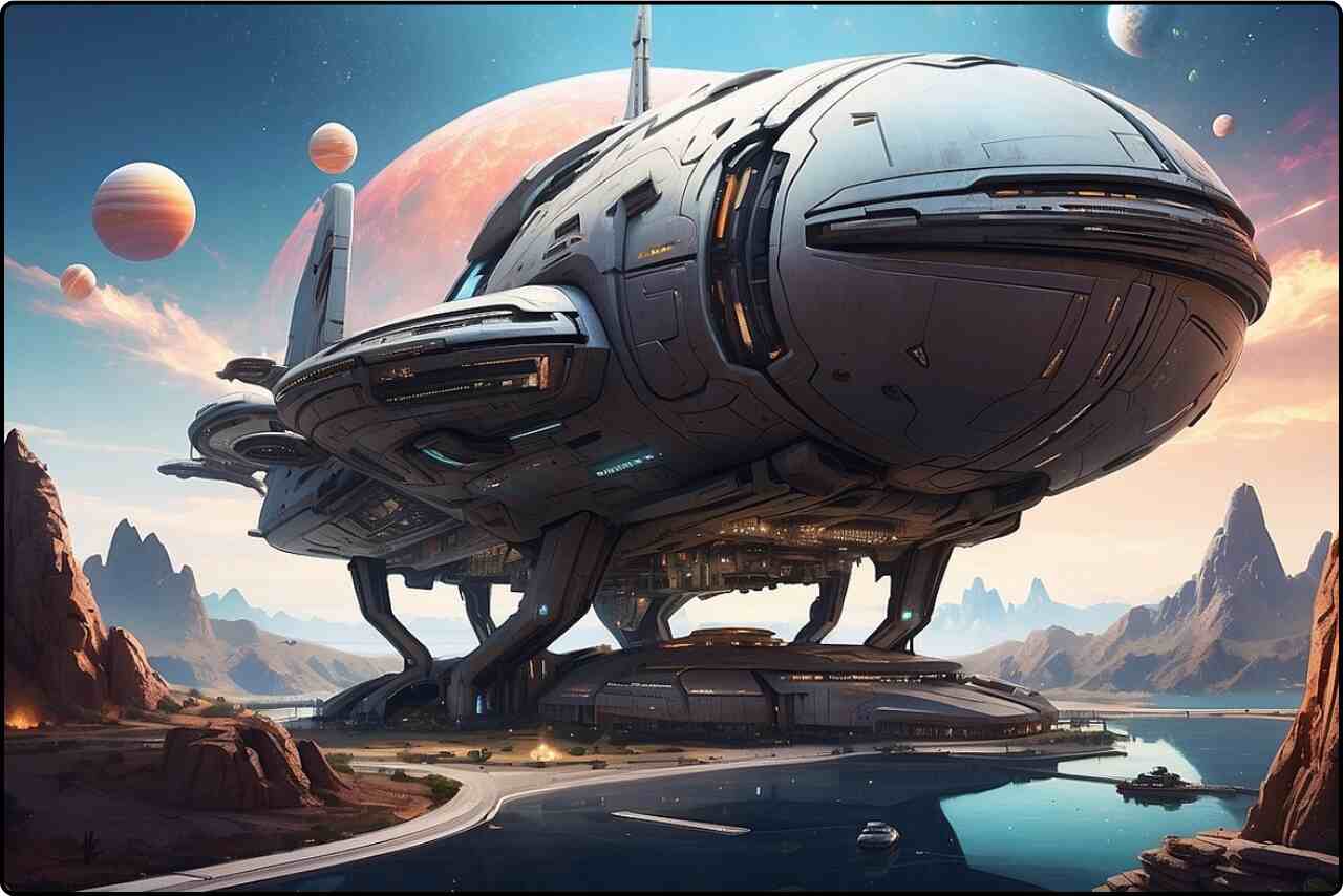 Illustration of a futuristic science fiction spaceship with alien beings